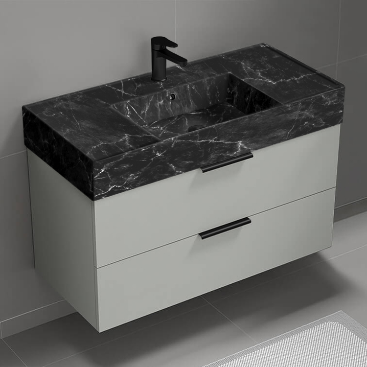 Nameeks DERIN906 40 Inch Bathroom Vanity With Black Marble Design Sink, Wall Mounted, Grey Mist